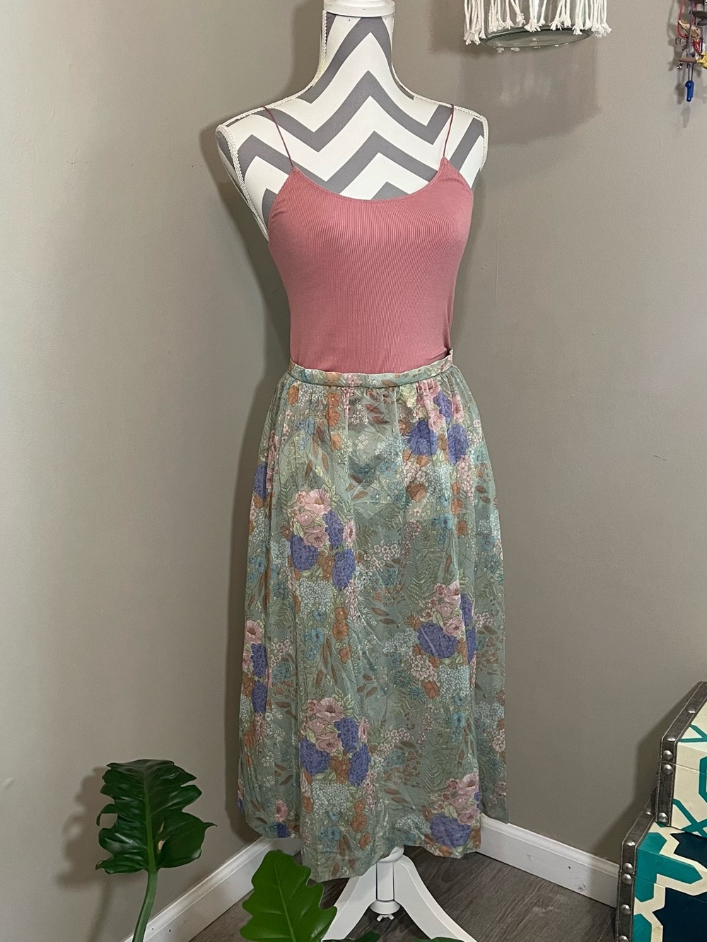 Vintage Size Small Green Purple Pink Orange Midi Skirt Floral Whimsical Fairy